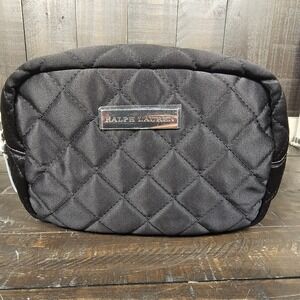 Ralph Lauren Black Quilted Makeup Cosmetic Bag Travel Pink Interior EUC